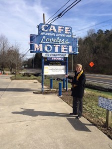 Standing outside the "Loveless Motel and Restaurant"